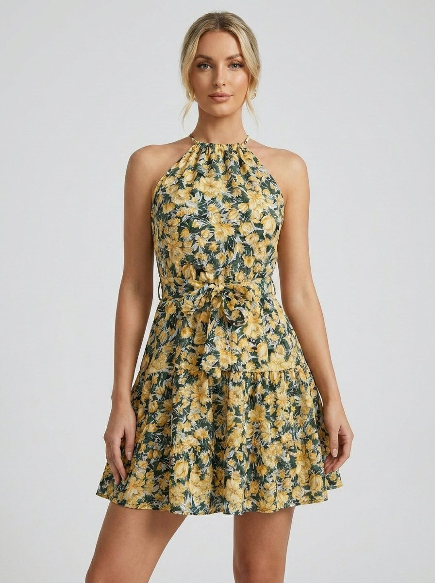 Floral Print Ruffle Halter Maxi Dress