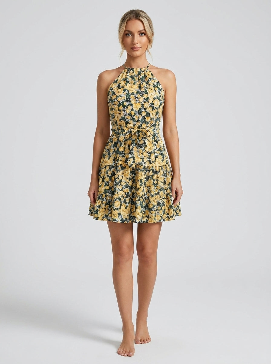 Floral Print Ruffle Halter Maxi Dress