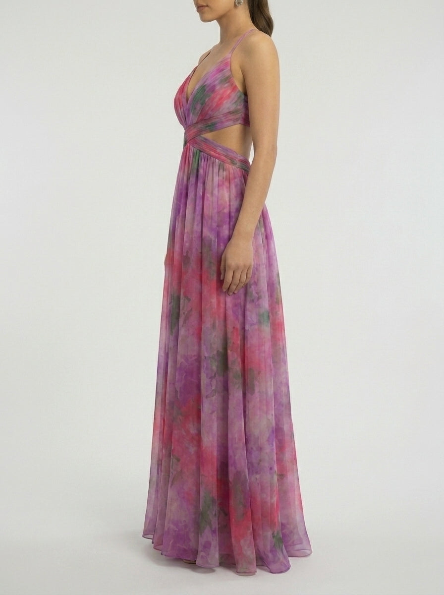 Mesh Floral Print Halter Neck Long Holiday Dress