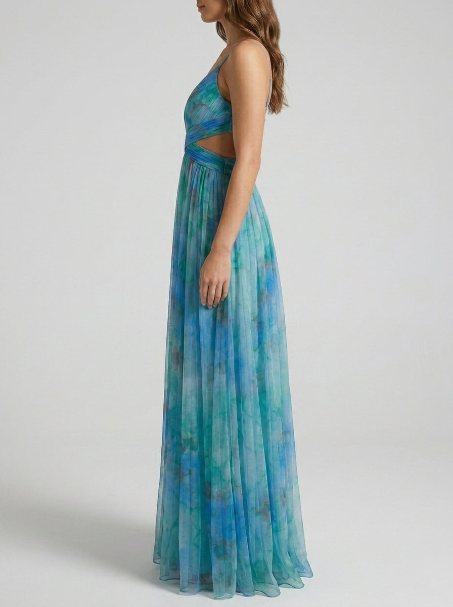 Mesh Floral Print Halter Neck Long Holiday Dress