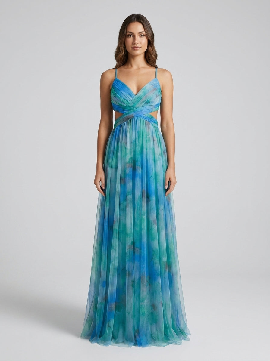 Mesh Floral Print Halter Neck Long Holiday Dress