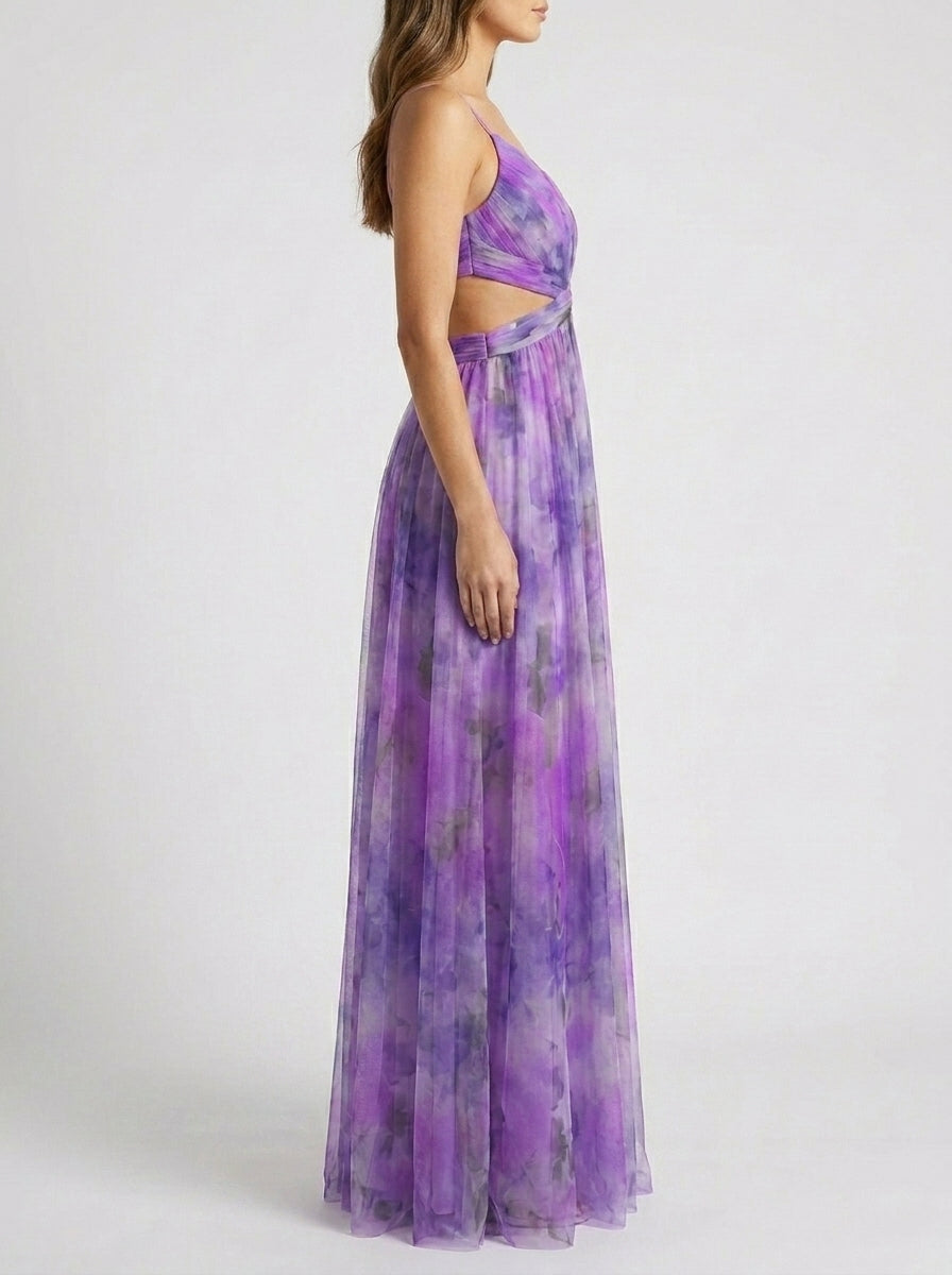 Mesh Floral Print Halter Neck Long Holiday Dress