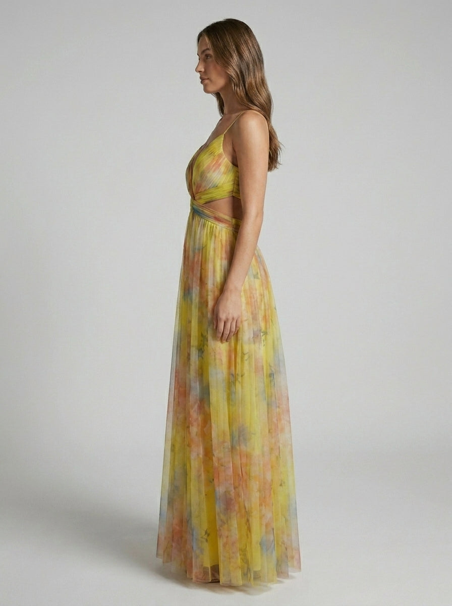 Mesh Floral Print Halter Neck Long Holiday Dress