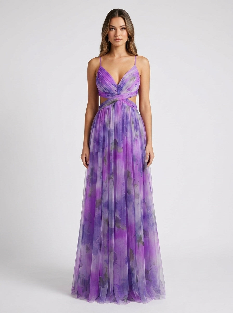 Mesh Floral Print Halter Neck Long Holiday Dress
