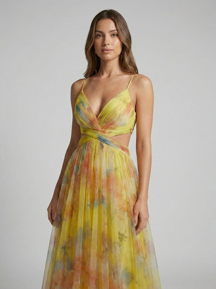 Mesh Floral Print Halter Neck Long Holiday Dress