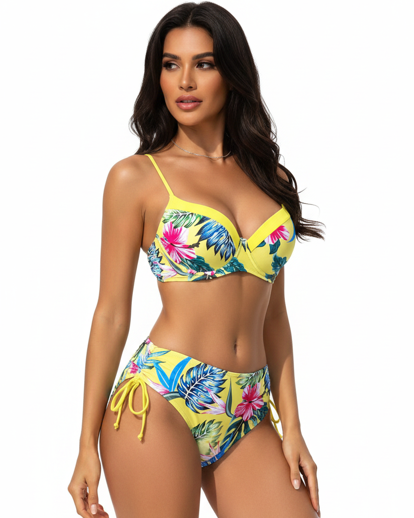 Floral Underwired Mid Waist Bikini Set - Three Quarter