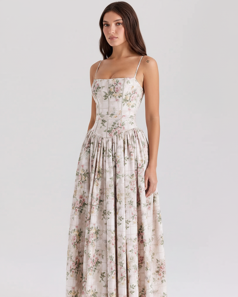 Women's Summer White Floral Midi Dress - Three Quarter
