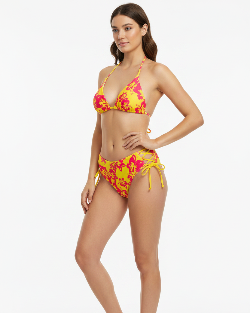 Retro Floral Lace-Up High Waist Bikini - Three Quarter