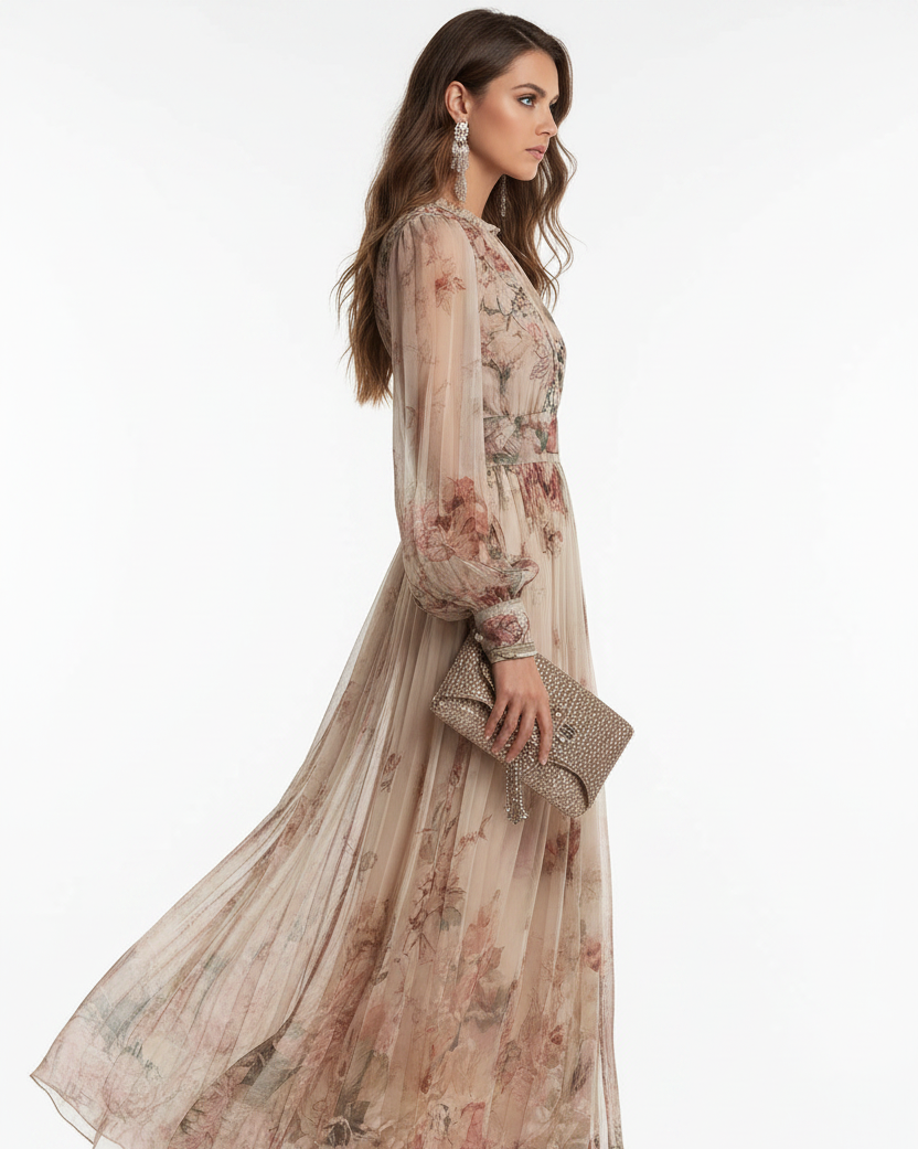Women's Vintage Floral Print High Waist Pleated Maxi Dress - Side