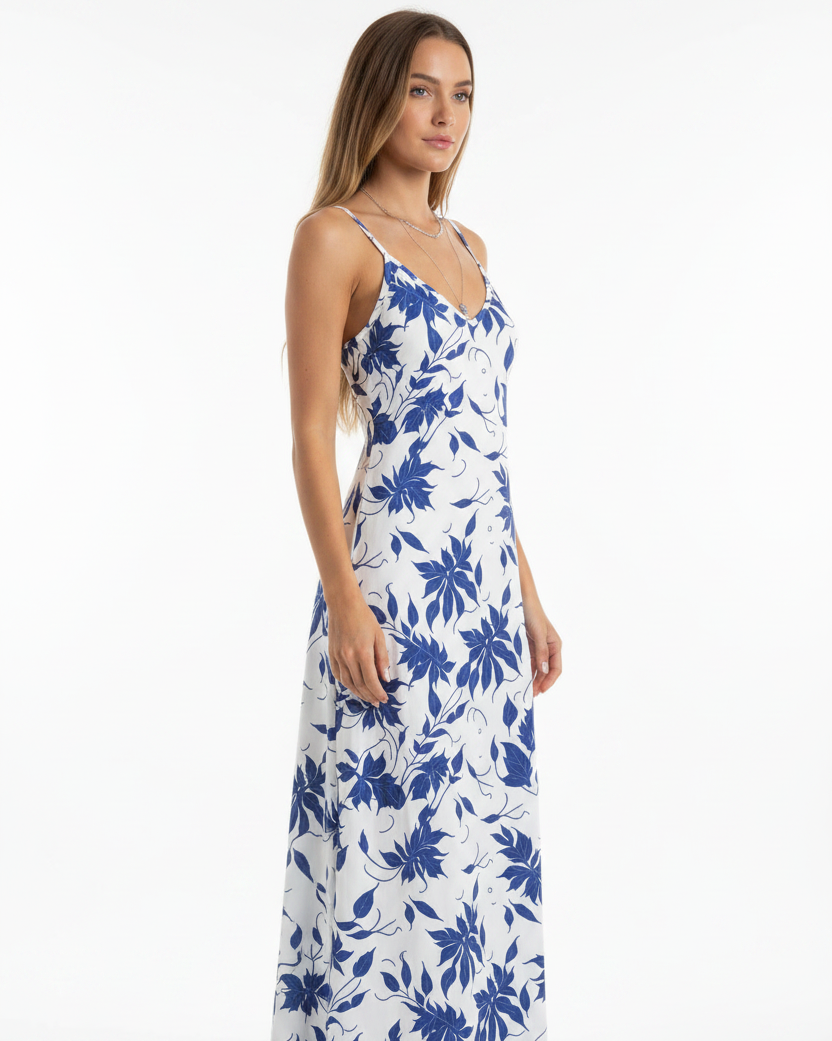 Blue Floral Print V-Neck Sling Dress - Side