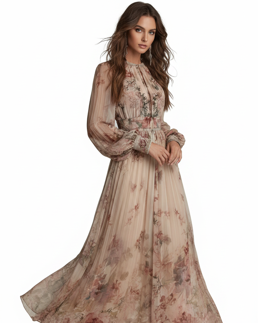 Women's Vintage Floral Print High Waist Pleated Maxi Dress - Three Quarter