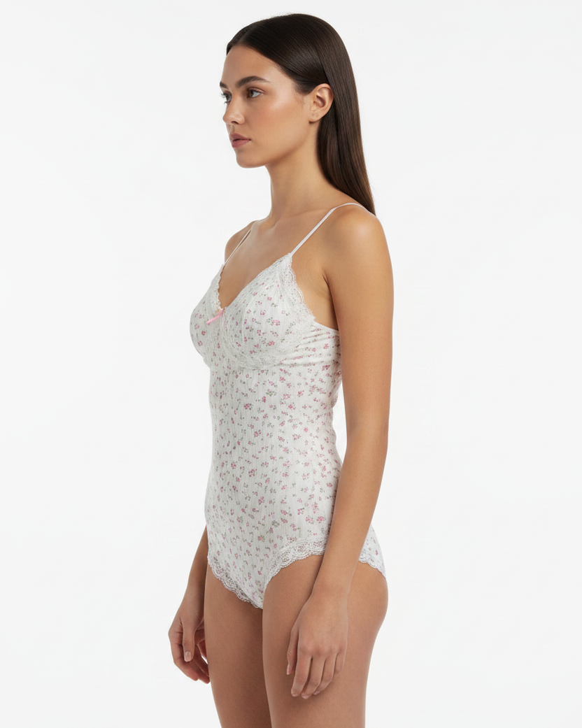 Floral Print Lace Trim Sleeveless Bodysuit - Side