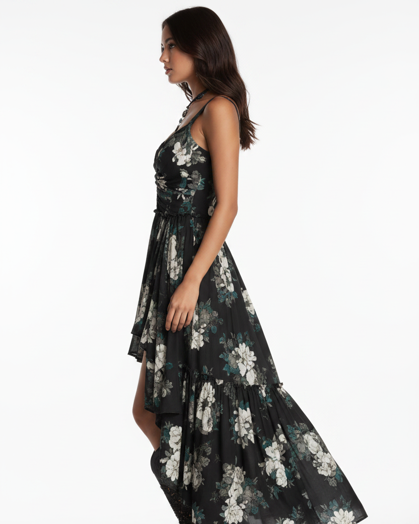Women's Floral Ruffle Hem Maxi Dress - Side
