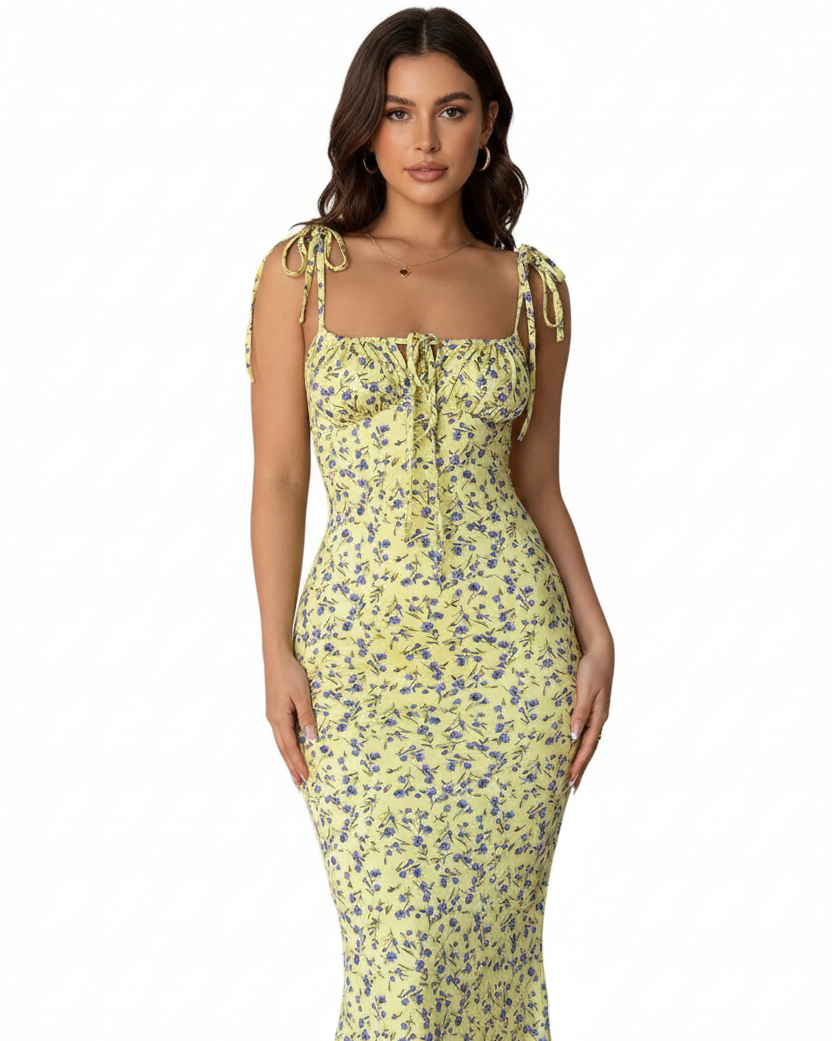 Women's Summer Floral Midi Dress V-Neck Split - Front
