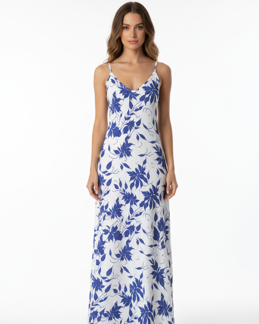 Blue Floral Print V-Neck Sling Dress - Front