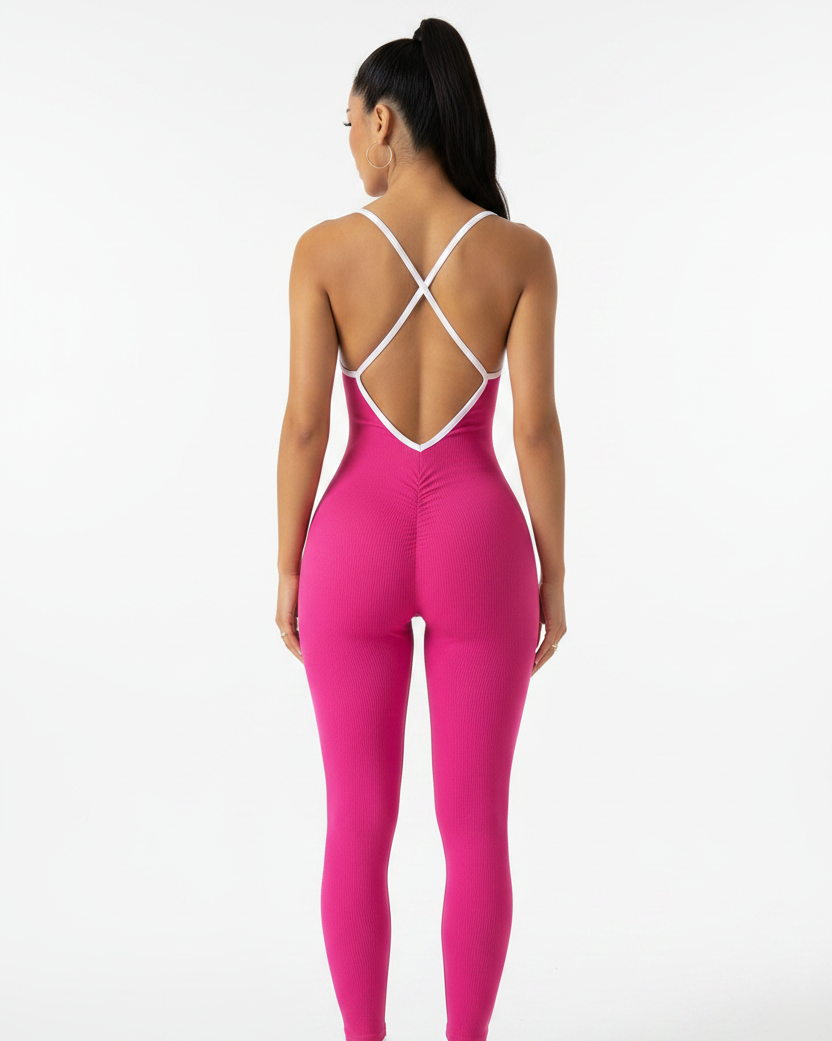 Girls Pink Sports Jumpsuit One-Piece Romper - Back