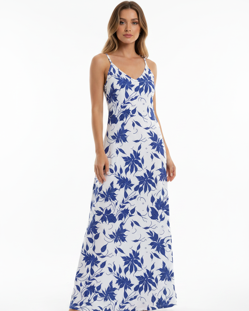 Blue Floral Print V-Neck Sling Dress - Three Quarter