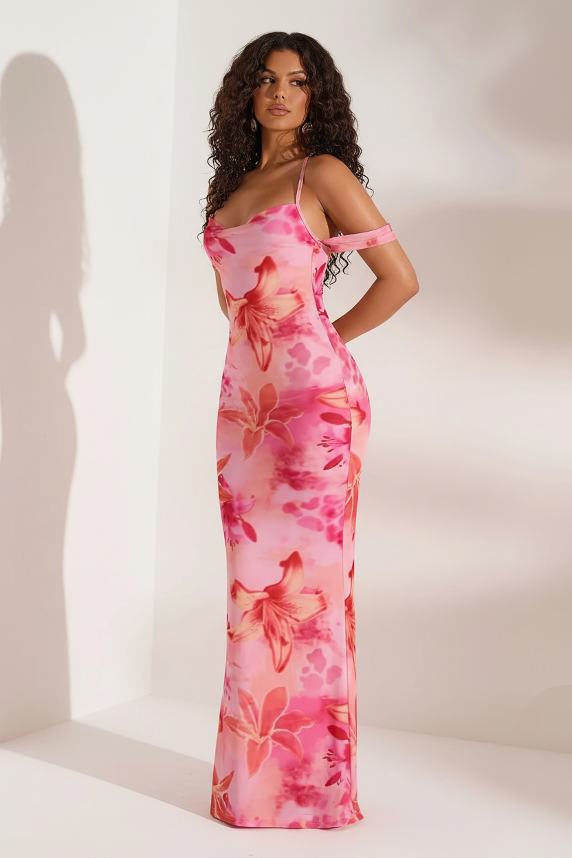 Pink Floral Off-Shoulder Mermaid Dress - Three Quarter