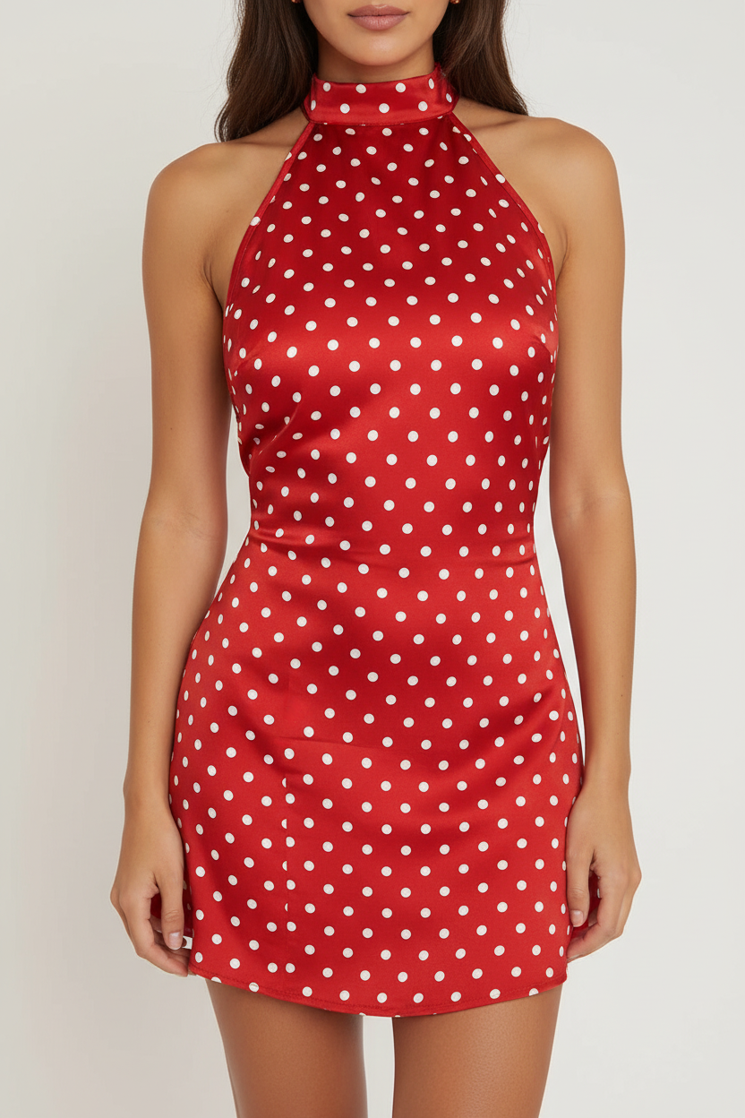 Women's Halter Dot Print Backless Sheath Mini Dress Red – Detail Close-Up