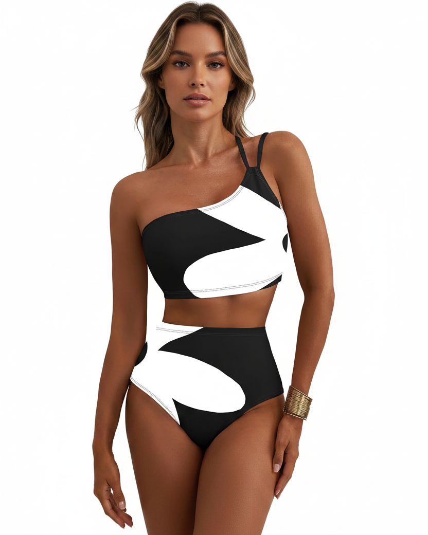 One Shoulder Patchwork High Waist Bikini - Front