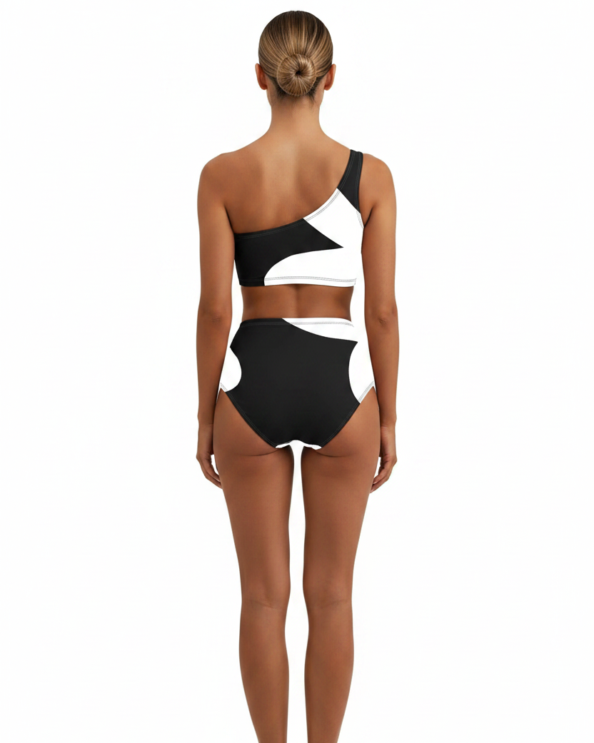 One Shoulder Patchwork High Waist Bikini - Back