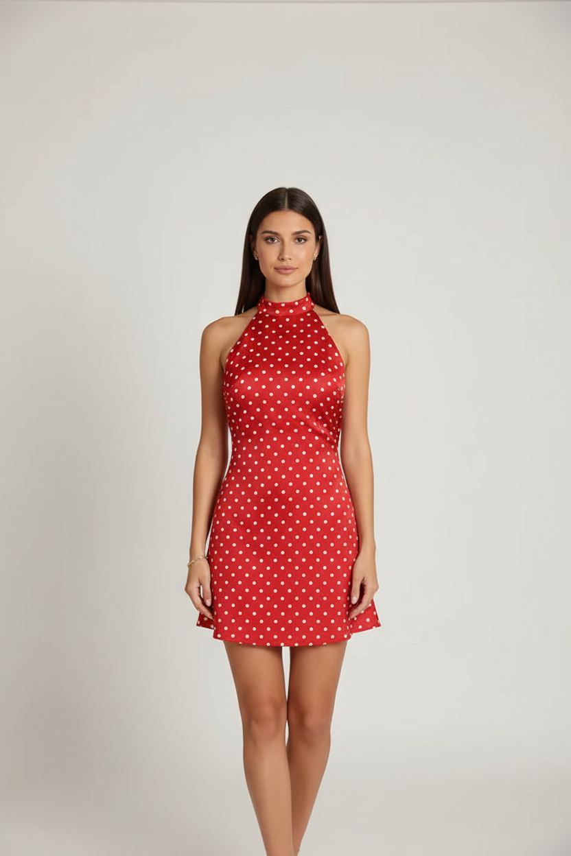 Women's Halter Dot Print Backless Sheath Mini Dress Red – Front View