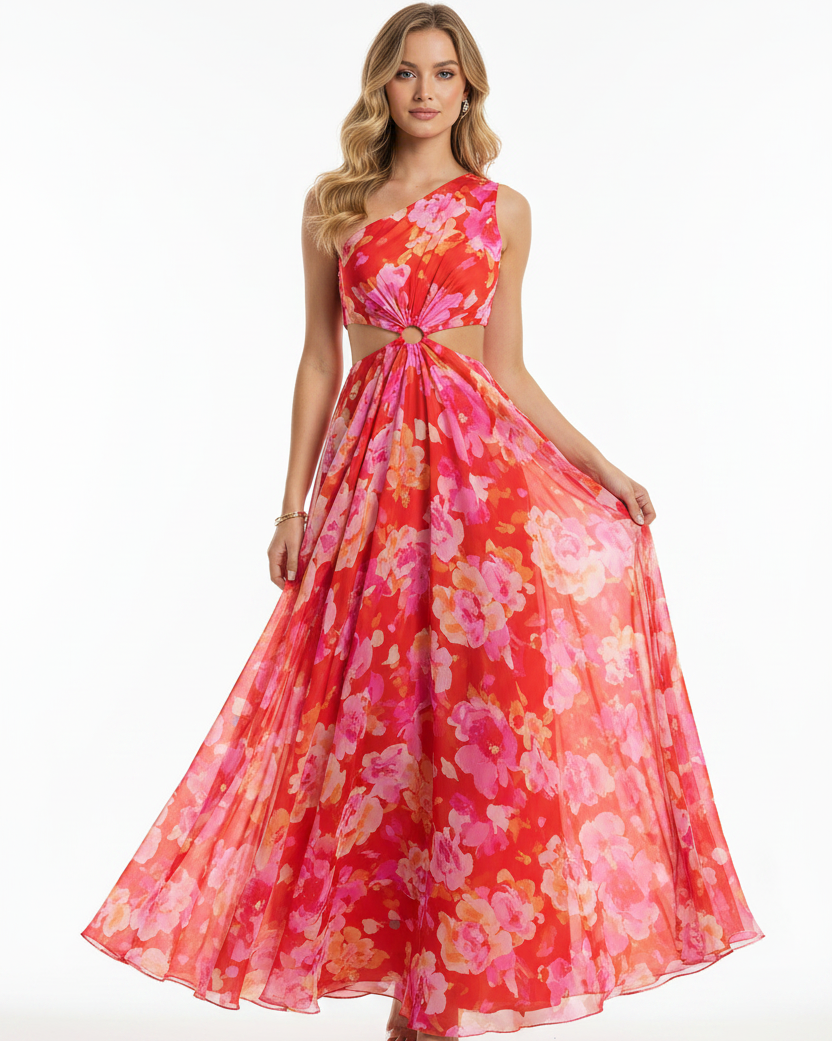 One-Shoulder Hollow Cut Sleeveless Maxi Dress